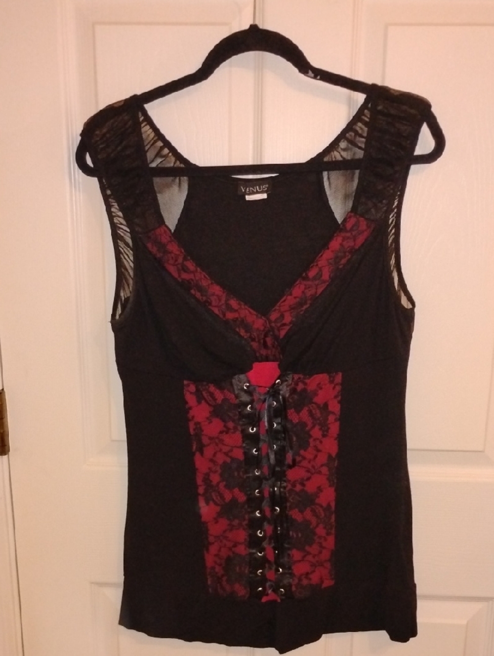 VENUS Black Tank with Red Lace Corset Panel